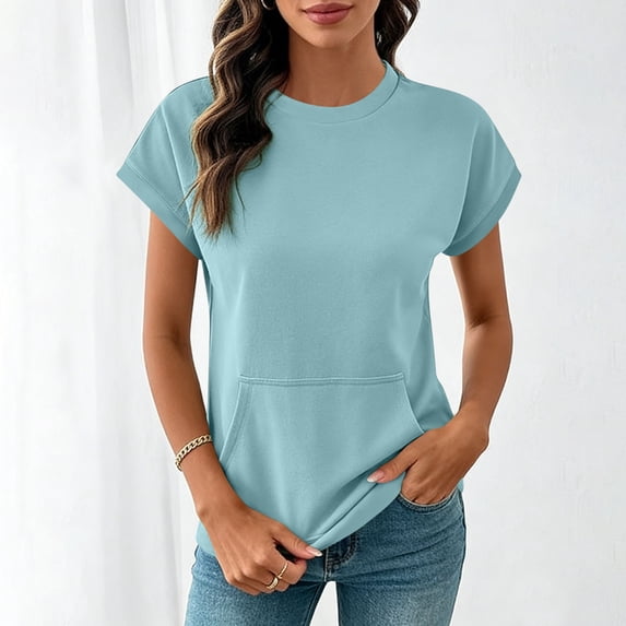 Women's Top, Short Sleeve Sweatshirt with Crew Neck and Front Kangaroo Pocket, Made From Soft Fleece Fabric, Ribbed Cuffs and Hem for Casual and Lounge Wear.