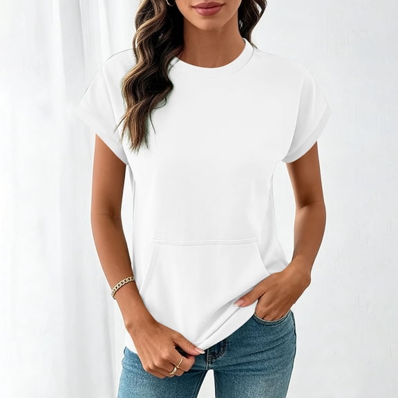Women's Top, Short Sleeve Sweatshirt with Crew Neck and Front Kangaroo Pocket, Made From Soft Fleece Fabric, Ribbed Cuffs and Hem for Casual and Lounge Wear.