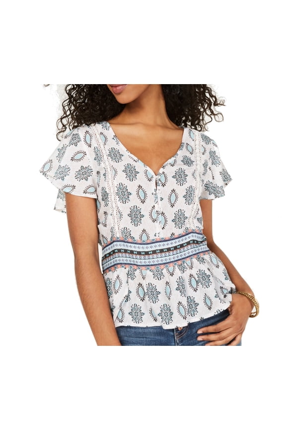 $59.50 American Rag Juniors' Crochet-Trim Peplum Top Egret Combo Size Small