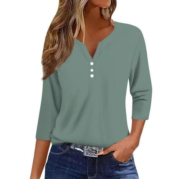Women's Top Solid Color Button-Up 3/4 Sleeve Casual Commuting Long Sleeve Shirt | Yubnlvae | Women's Solid Color Button up Top with Three Quarter Sleeves for (Mint Green | M)