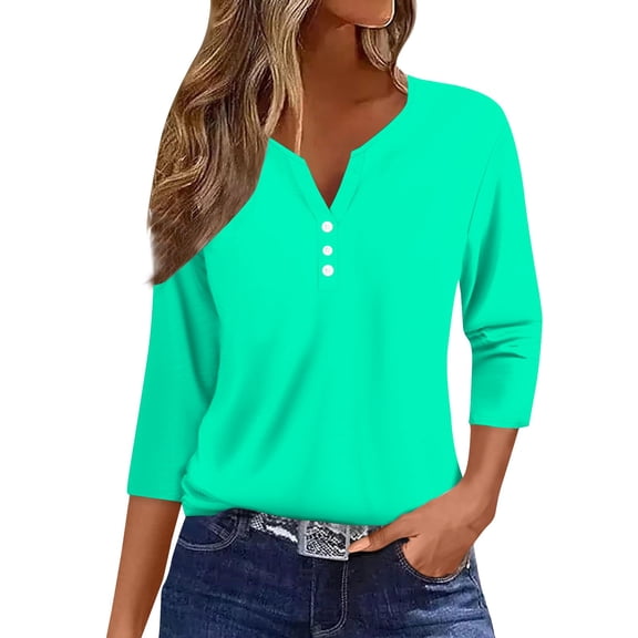 Women's Top Solid Color Button-Up 3/4 Sleeve Casual Commuting Long Sleeve Shirt | Yubnlvae | Women's Solid Color Button up Top with Three Quarter Sleeves for (Sky Blue | M)