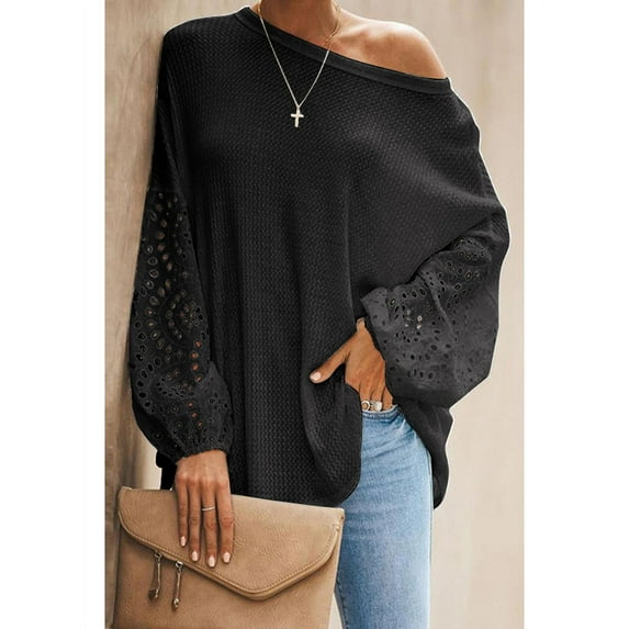 Women's Top Solid Color Loose Diagonal Collar Hollow-out Long Sleeve off-Shoulder T-shirt