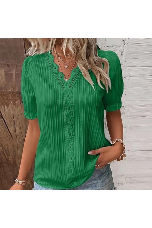 New Women's Top Solid Sexy V-Neck Hollow Short Sleeve Shirt Fashion Splice Plus Size Blouse Loose Street Apparel