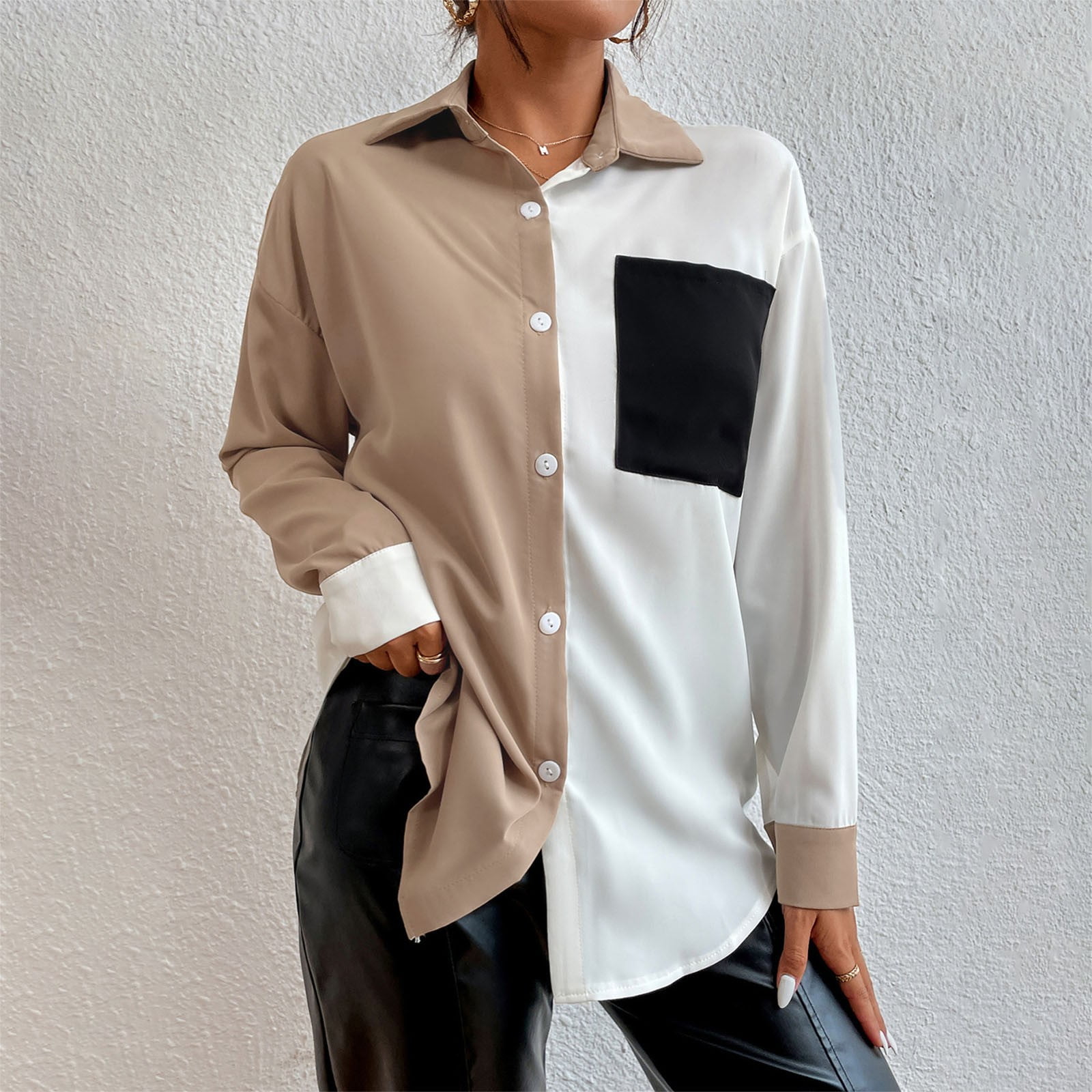 Women's Top Womens Contrast Color Block Shirt Top Pocket Design Long Sleeve  Button Up Shirt Black S 