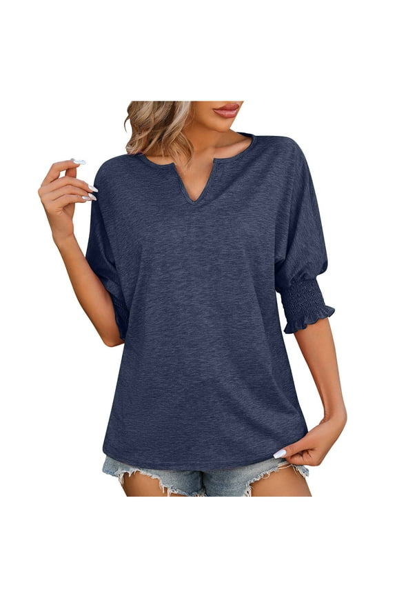 Women's Tops 2024 Dressy Puff Short Sleeve T-Shirts Classy Work Blouse Loose Soft Eleagnt V-Neck Basic Tee Shirts Casual Solid Color Cotton Summer Tunic Tops Business Blouse