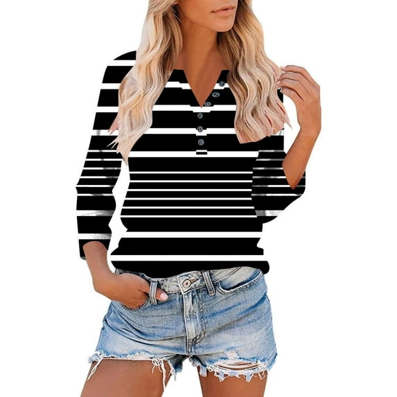 Women's Tops 3/4 Length Sleeve Plus Size Fall Fashion Trendy Casual Going Out Athletic Tops Striped Henley Neck Summer Button Loose Fit Color Block Blouse