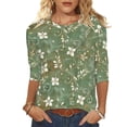 thumbnail image 1 of Women's Tops 3/4 Length Sleeve Shirts 2026 Spring Summer Womens Clothings Basic Tees Fashion Flowers Printed Round Neck Blouses Pullover, 1 of 5