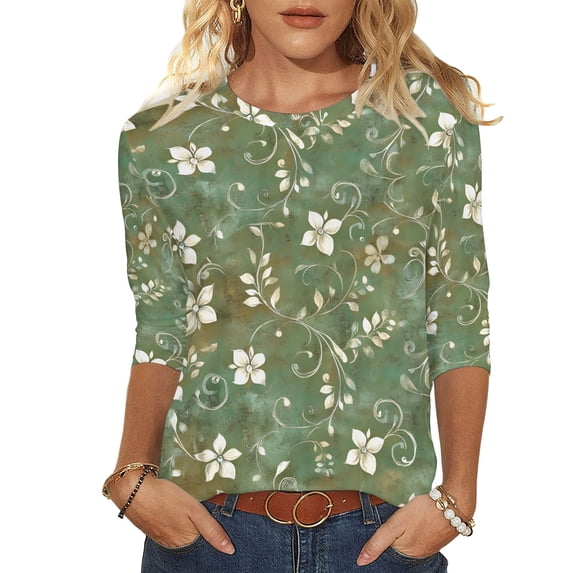Women's Tops 3/4 Length Sleeve Shirts 2026 Spring Summer Womens Clothings Basic Tees Fashion Flowers Printed Round Neck Blouses Pullover