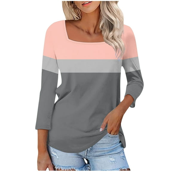 Women's Tops 3/4 Length Sleeve Square Neck Color Block Casual Dressy Tunic Tops Summer Basic Shirts