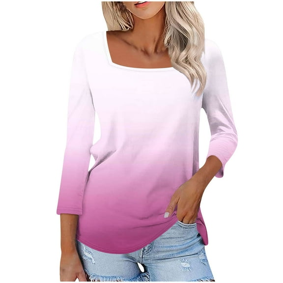 Women's Tops 3/4 Length Sleeve Square Neck Gradient Color Casual Dressy Tunic Tops Summer Basic Shirts