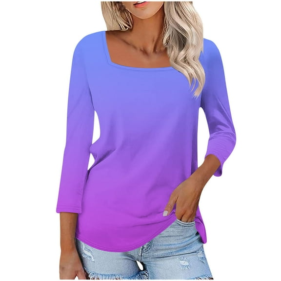 Women's Tops 3/4 Length Sleeve Square Neck Gradient Color Casual Dressy Tunic Tops Summer Basic Shirts