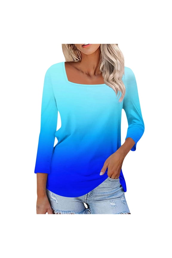 Women's Tops 3/4 Length Sleeve Square Neck Gradient Color Casual Dressy Tunic Tops Summer Basic Shirts