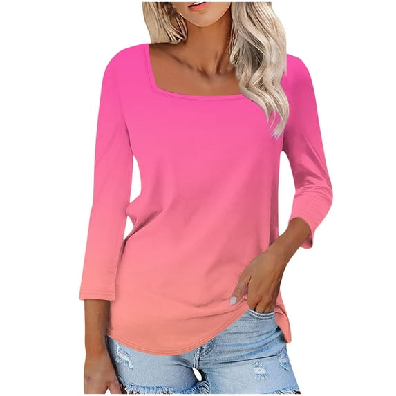 Women's Tops 3/4 Length Sleeve Square Neck Gradient Color Casual Dressy Tunic Tops Summer Basic Shirts