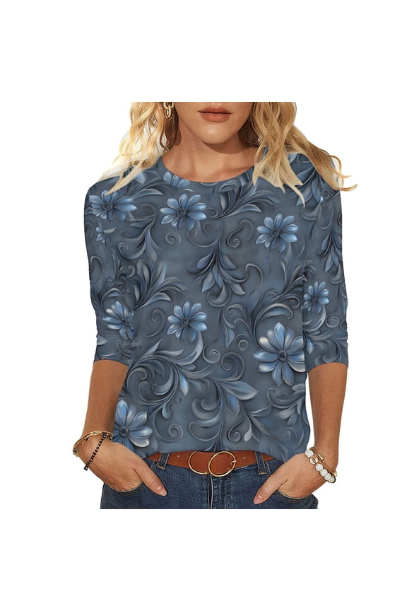 Women's Tops 3/4 Length Sleeve TShirts 2026 Spring Summer Womens Clothings Basic Tees Fashion Flowers Printed Round Neck Blouses