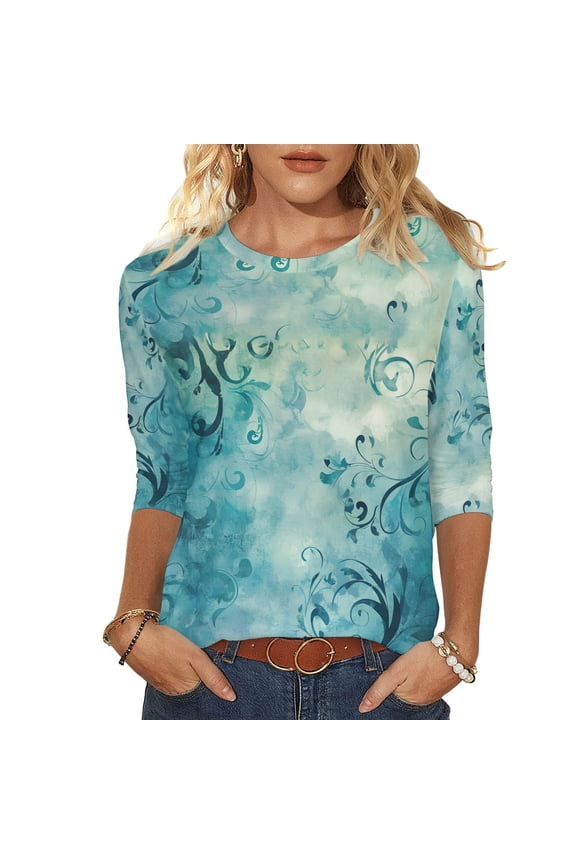 Women's Tops 3/4 Length Sleeve TShirts 2026 Spring Summer Womens Clothings Basic Tees Fashion Flowers Printed Round Neck Blouses
