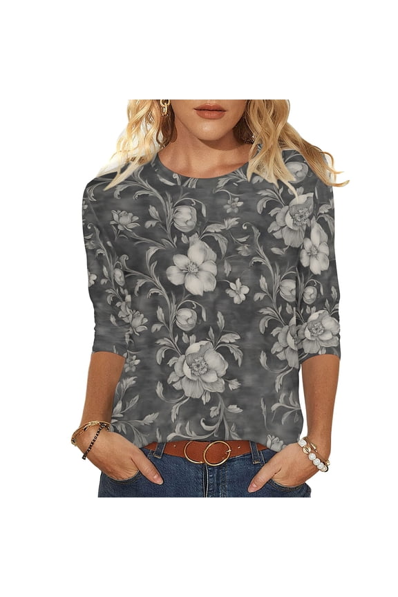 Women's Tops 3/4 Length Sleeve TShirts 2026 Spring Summer Womens Clothings Basic Tees Fashion Flowers Printed Round Neck Blouses