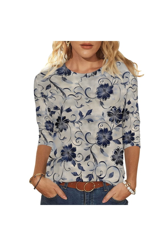 Women's Tops 3/4 Length Sleeve TShirts 2026 Spring Summer Womens Clothings Basic Tees Fashion Flowers Printed Round Neck Blouses
