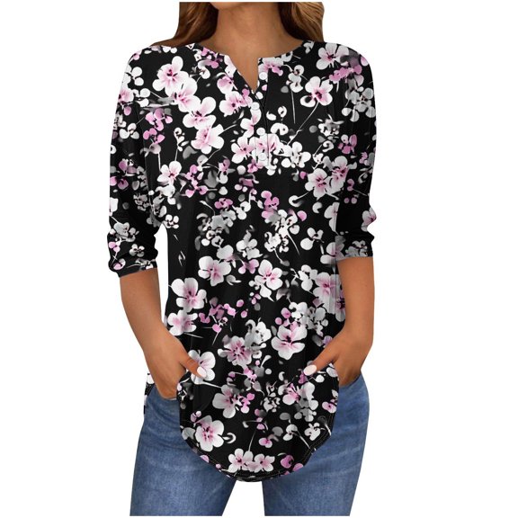 Women's Tops 3/4 Sleeve V-Neck Floral Print Button-Down Dressy Blouse T-Shirts Casual Loose Tunic Tops Multicolor 2XL