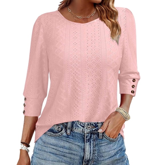Women’s Tops 3/4 Sleeve with Buttons Dressy Casual Summer Outfits Round Neck Beach Vacation T-Shirt Plus Size ,Pink,L