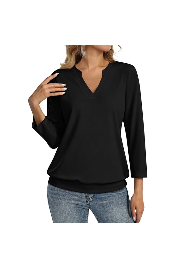 Womens Casual 3/4 Sleeve Shirts V Neck Banded Bottom Tops Dressy Summer Spring Blouse Black S