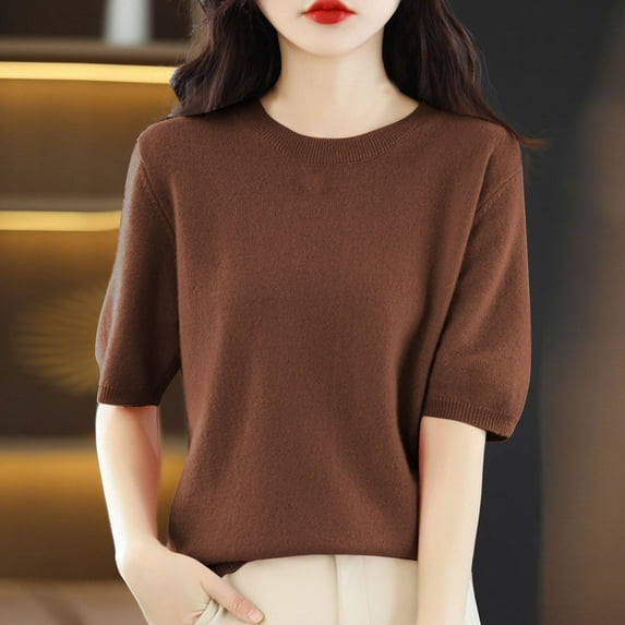 Women's Tops Basic Short Sleeve Round Neck Layering Pullover Shirts Casual Solid Loose Fit Blouse