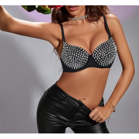 Women's Tops, Blouses & Tees with Spaghetti Strap, Colorblock Design, Micro Crop Cut. Gothic Studded Detail Cami Top