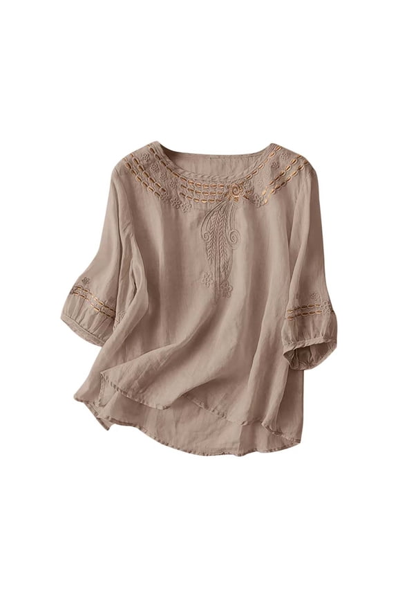 Women's Tops Boho Embroidered Three Quarter Sleeve Cotton Linen Blouse Khaki L