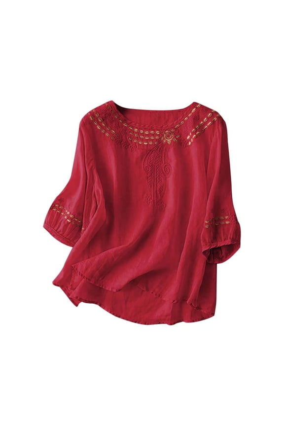 Women's Tops Boho Embroidered Three Quarter Sleeve Cotton Linen Blouse Red 3XL
