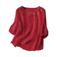 thumbnail image 1 of Women's Tops Boho Embroidered Three Quarter Sleeve Cotton Linen Blouse Red M, 1 of 3