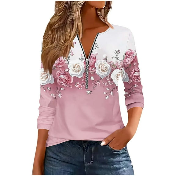 Women's Tops Casual 3/4 Length Sleeve V Neck Shirts and Blouses Half Zipper Collar Women Loose Tunic Tops Shirts