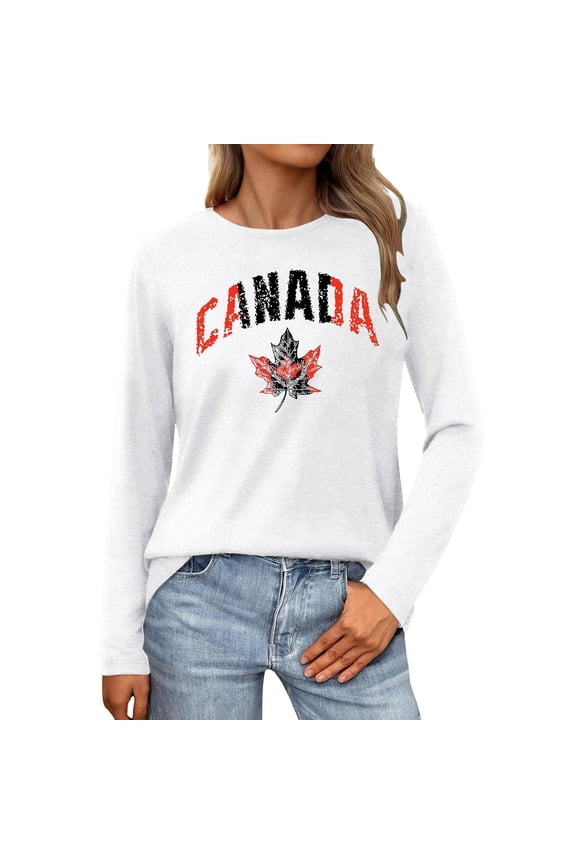 Women's Tops Casual Canada Maple Leaf Tee Round Neck Long Sleeve Blouse,White,M