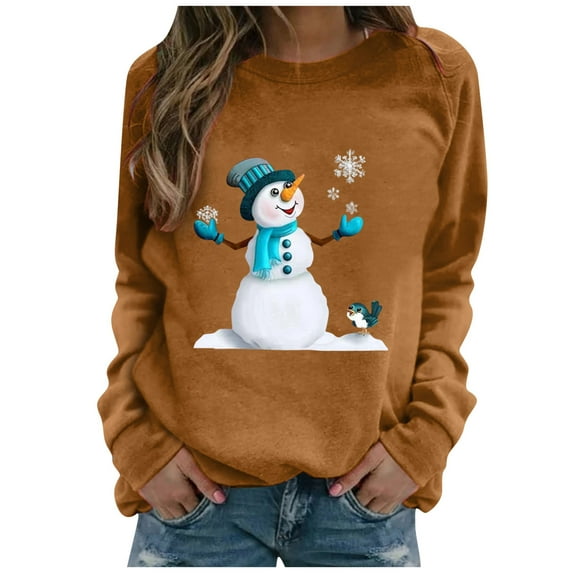 Women's Tops Casual Christmas Print Long-Sleeved T-Shirt Crewneck Plus Size Women's Blouses,Brown,L