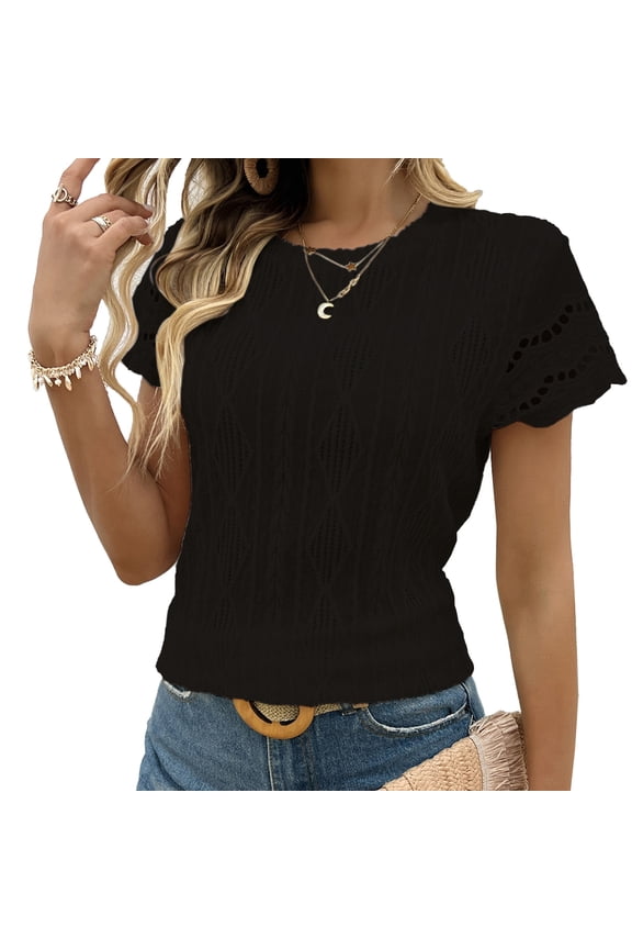 Women's Tops Casual Crewneck Cap Sleeve Shirts Lightweight Crochet Knit Texture Top Blouses