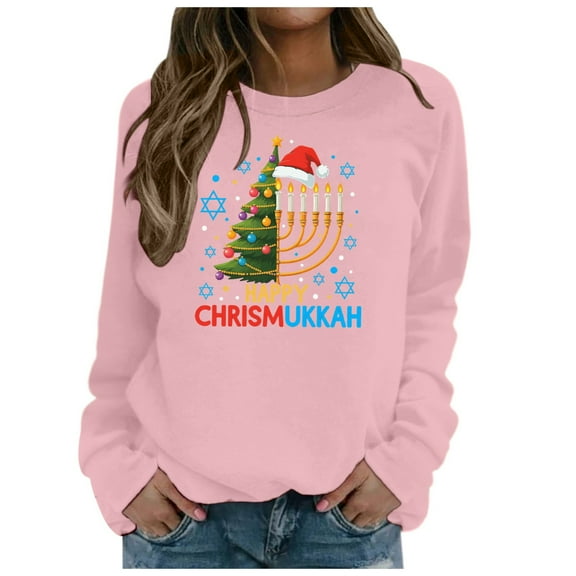 Women's Tops Casual Hanukkah Printed Crewneck Sweatshirt Long Sleeve Pullover Womens Blouse,Pink,S