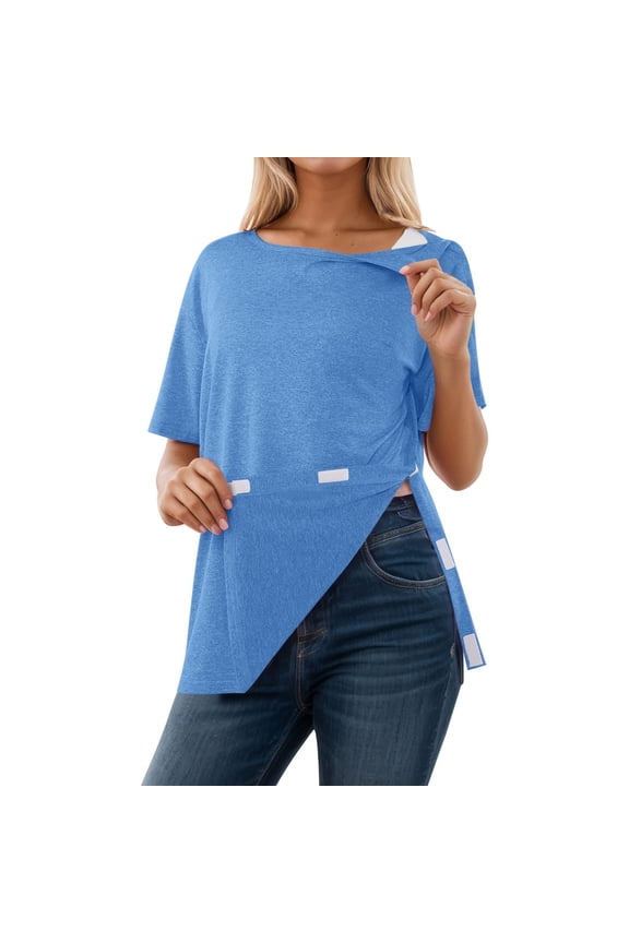 Women's Tops Casual Ladies Chemotherapy Essential Side Tear Open Snap Fastener Short Sleeve Tee Blouse,Blue,XL
