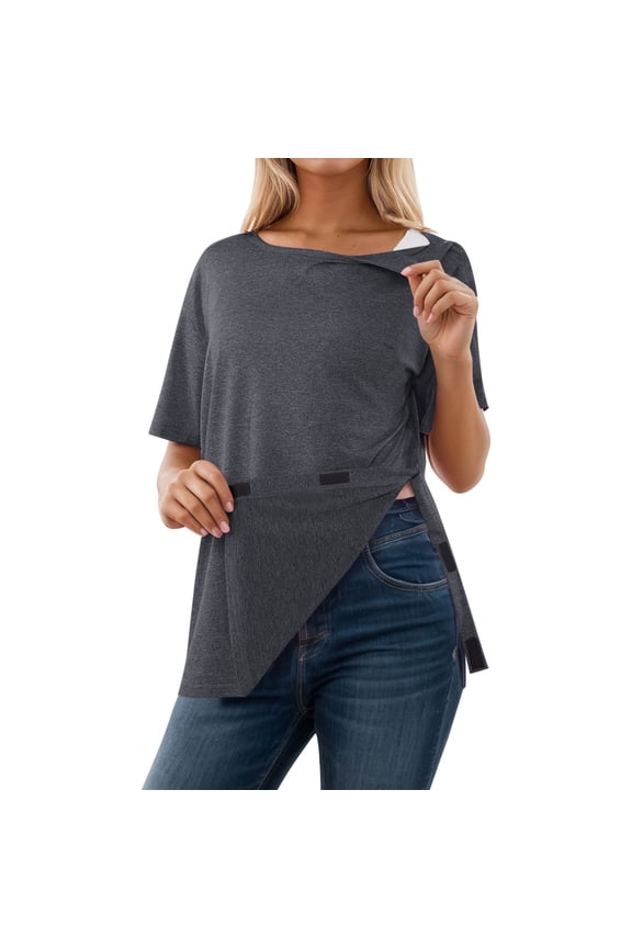 Women's Tops Casual Ladies Chemotherapy Essential Side Tear Open Snap Fastener Short Sleeve Tee Blouse,Dark Gray,M