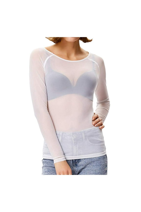 Women's Tops Casual Ladies Solid Color Mesh See Through Base Layer Long Sleeve Blouse,White,XL