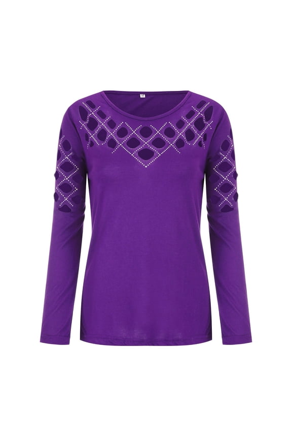 Women's Tops Casual Long Sleeve Cut Out Hot Fix Rhinestone Fitted Top Plus Size Blouse