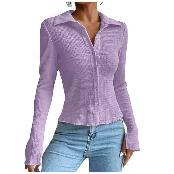 Women's Tops Casual Long Sleeve Lapel Collar Solid Color Smocked Slim Fitted Blouse Button Down Shirt Tunics for Women Womens Clothes