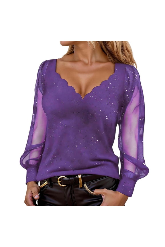 Women's Tops Casual Long Sleeve Loose Round Neck Mesh Sequin Tee Blouse,Purple,M