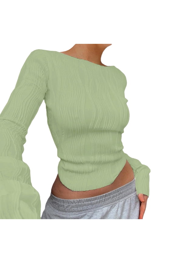 Women's Tops Casual Slim Crop Shirt Long Sleeve Crewneck Blouse,Green,M