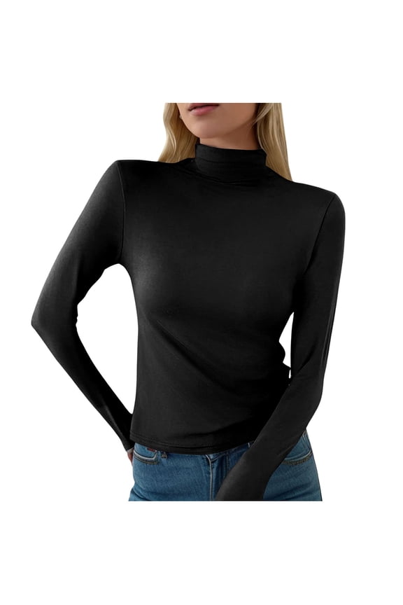 Women's Tops Casual Slim Fit Mock Turtleneck Long Sleeve Double Faced Blouses,Black,M