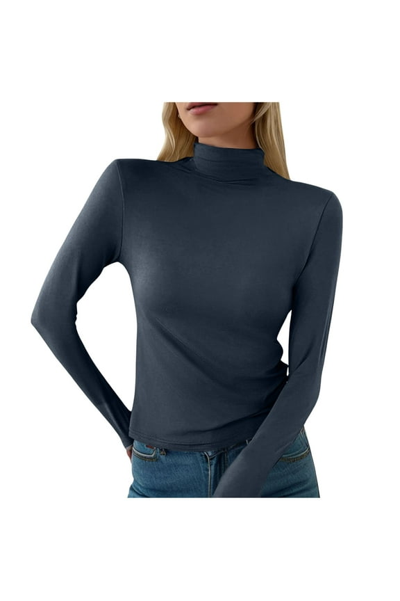 Women's Tops Casual Slim Fit Mock Turtleneck Long Sleeve Double Faced Blouses,Dark Gray,XL