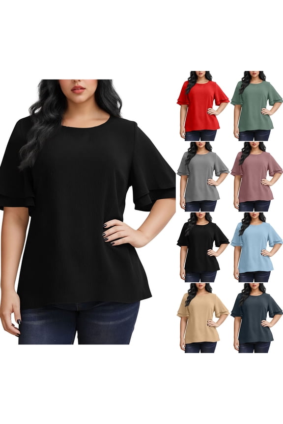 Women's Tops Casual Solid Color Comfortable Loose Ruffle Lotus Flare Tiered Sleeve Top Blouse Black,Size 3XL