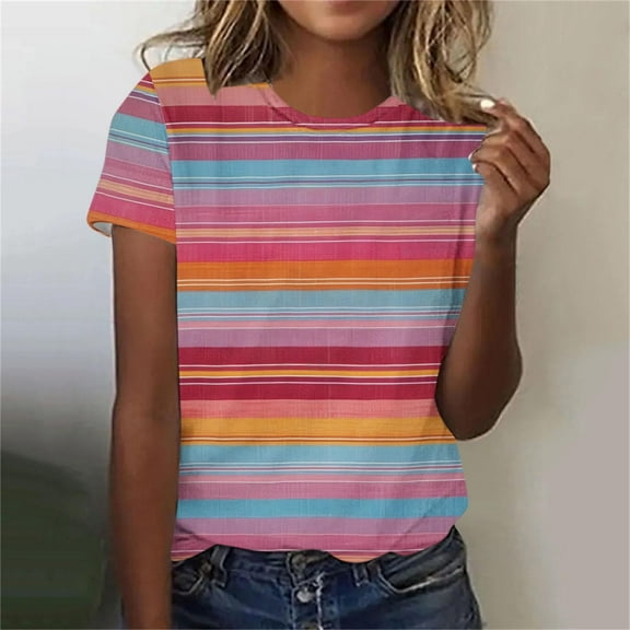 Women's Tops Under $10 Free Shipping Casual Pullover Printed Short Sleeved Round Neck Top