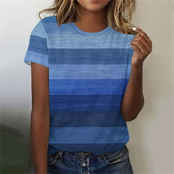 Women's Tops Under $10 Free Shipping Casual Pullover Printed Short Sleeved Round Neck Top