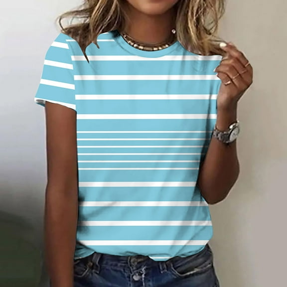 Women's Tops Under $10 Free Shipping Casual Pullover Printed Short Sleeved Round Neck Top