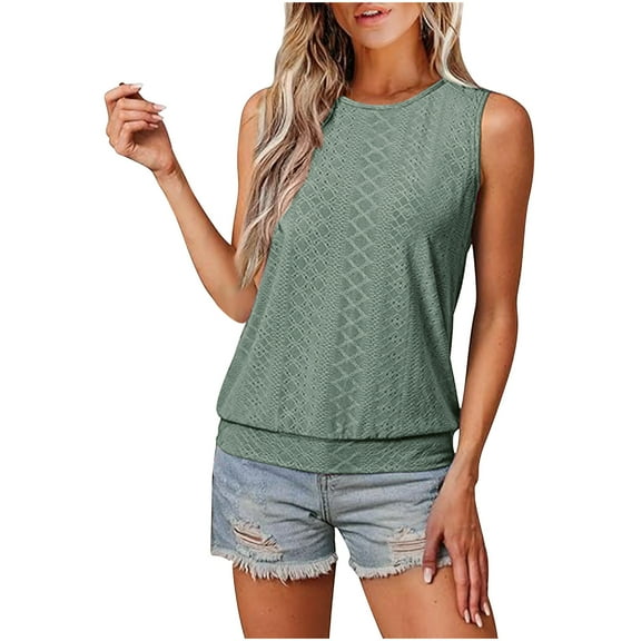 Women's Tops Under $10 Free Shipping Loose Casual Solid Color Round Neck Sleeveless Top