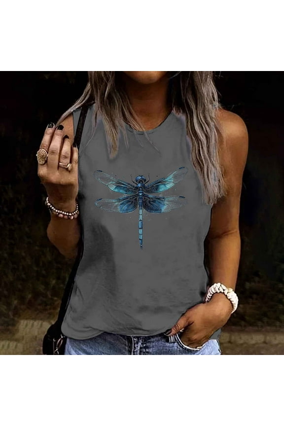 Women's Tops Under $10 Free Shipping Summer Casual Round Neck Loose Sleeveless T-Shirt