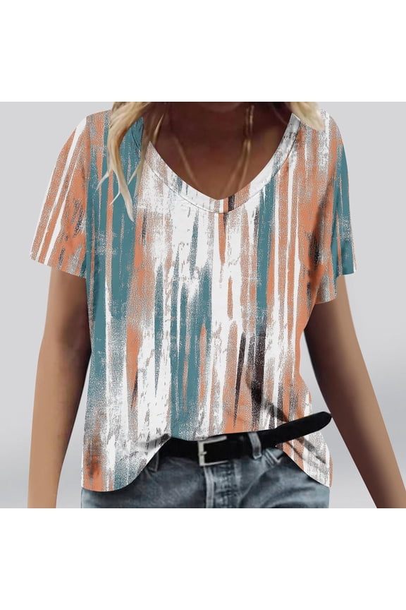 Women's Tops Under $10 Free Shpping Summer Printing Blouses Short Sleeved V-Neck Pullover Fashionable Top
